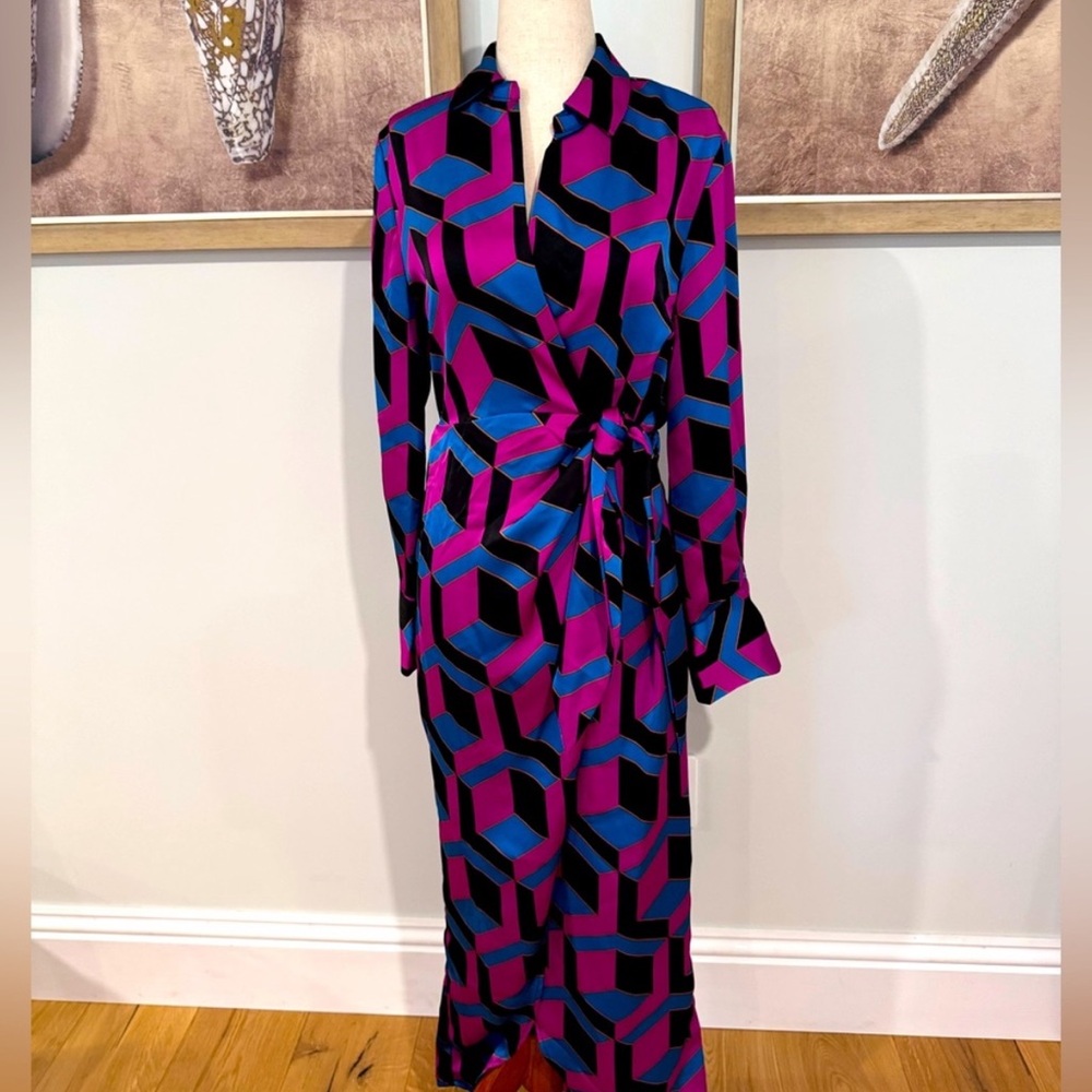 House of Harlow 1960 Blue and Pink Long Sleeve Wrap Dress